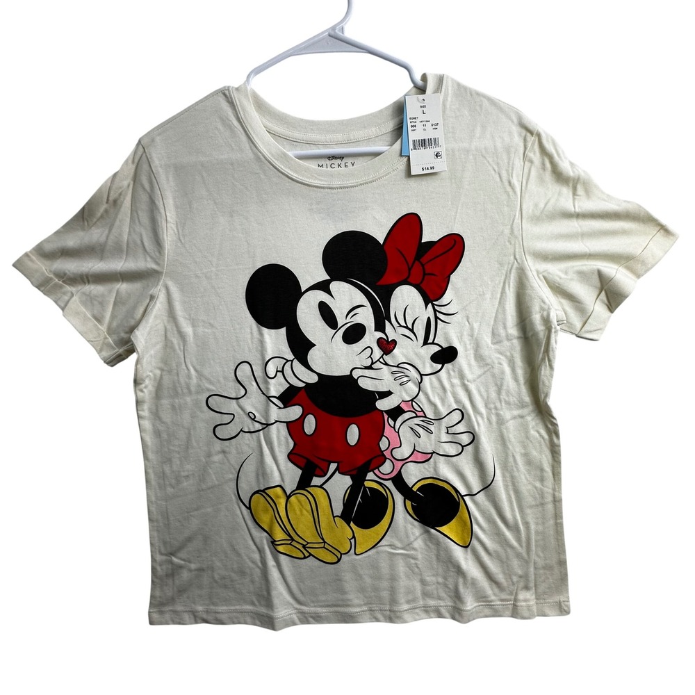 Disney Mickey Mouse Minnie Mouse Graphic Tee Egret Off-White Large NWT